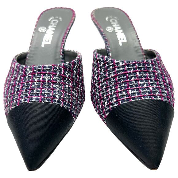 CHANEL Tweed Grosgrain CC Mules EU 38 US 7.5-8 Black Purple Pointed Toe Heels - Picture 3 of 15
